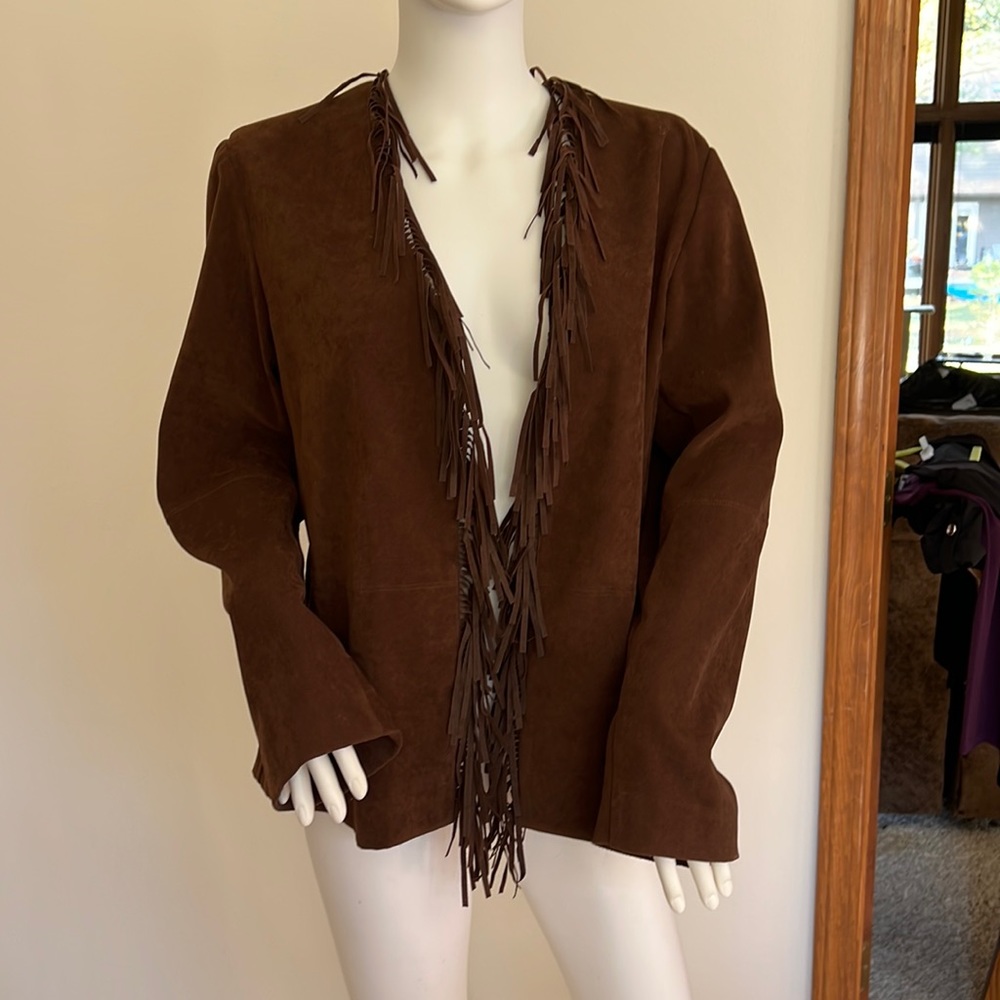 Women’s faux suede jacket blazer with fringe size 10, brown
